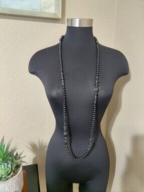 Black Silver Beaded Necklace Long